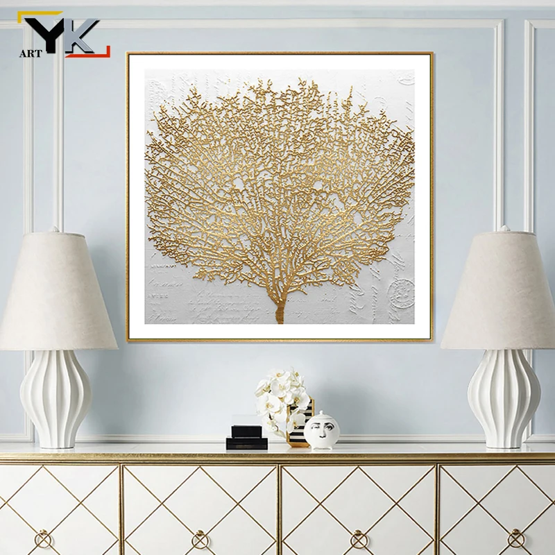 Nordic Style Golden Rich Tree Picture Light Oil Painting on Canvas Posters and Prints Cuadros Wall Art Pictures For Living Room
