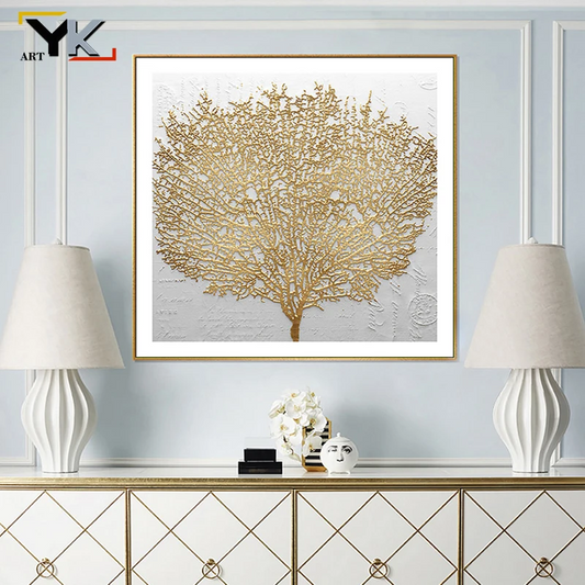 Nordic Style Golden Rich Tree Picture Light Oil Painting on Canvas Posters and Prints Cuadros Wall Art Pictures For Living Room